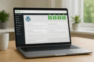 SSL-krypteret WordPress-side med sikkerhedsikon på laptop