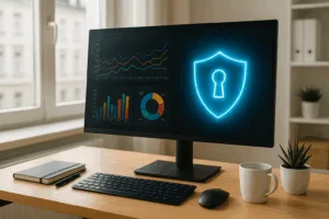 Set de instrumente de securitate pentru WordPress: Mediu de birou modern cu calculator și simbol de protecție cibernetică