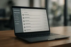 Laptop med e-mailindbakke, der viser et brandlogo ved siden af beskeder