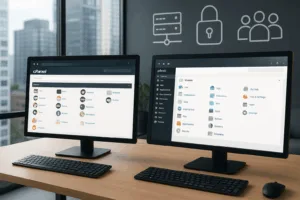 Kaksi näyttöä, joissa on avoimet cPanel- ja Plesk-käyttöliittymät nykyaikaisen toimiston web-hostingia varten