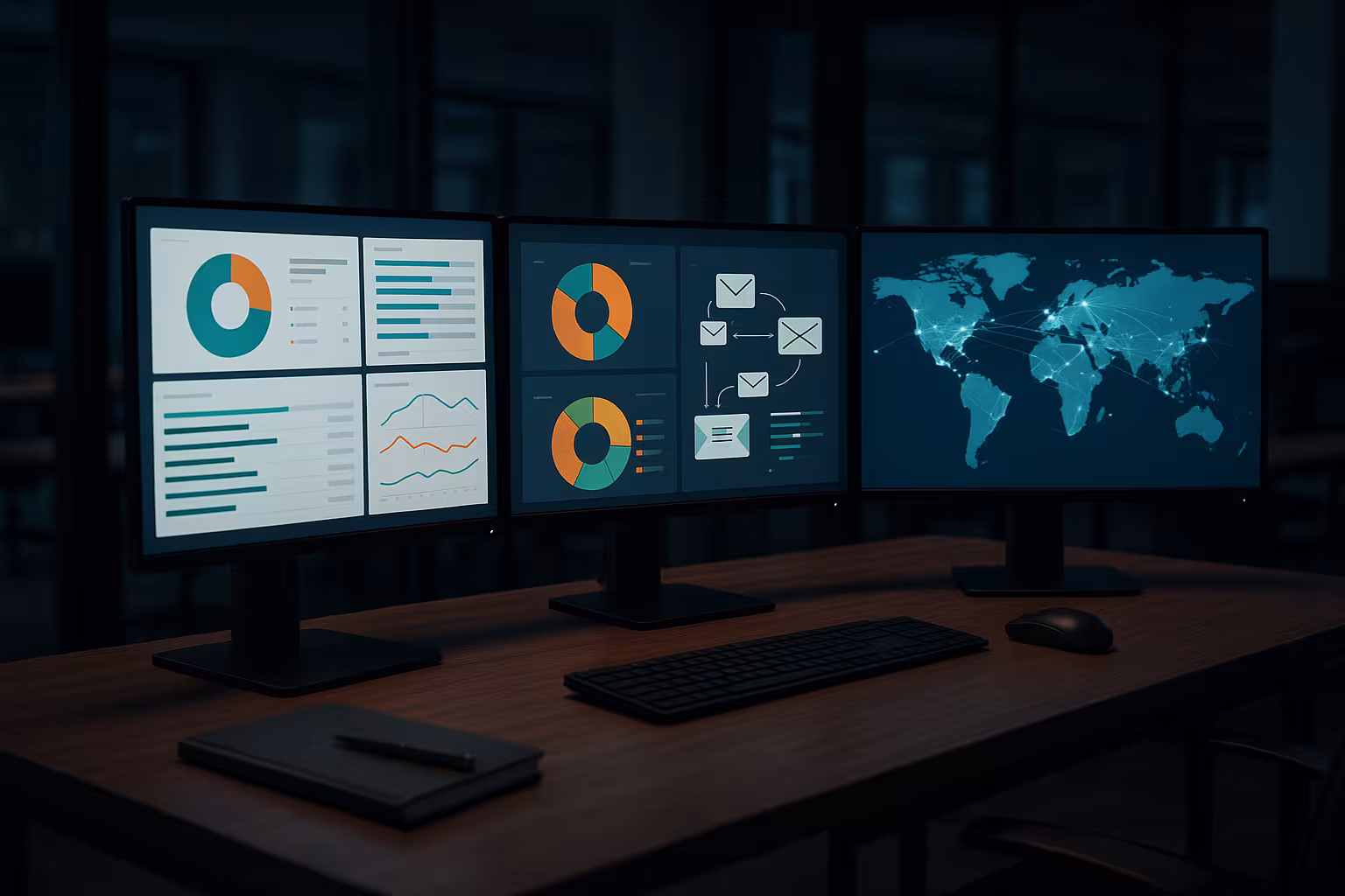 Vizualizarea fotorealistă a unui loc de muncă modern cu rapoarte DMARC și diagrame de e-mail pe monitoare