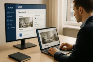 Person works in the IONOS customer area on a laptop and sets up a domain