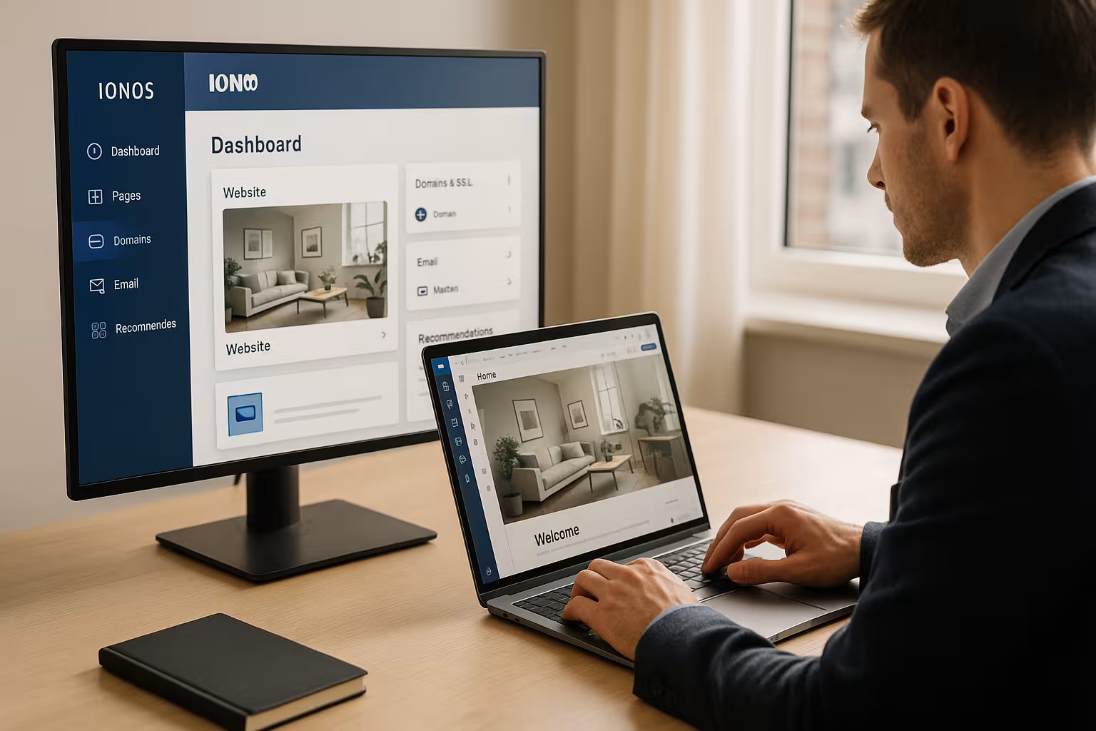 Henkilö työskentelee IONOS-asiakasalueella kannettavalla tietokoneella ja perustaa verkkotunnuksen.