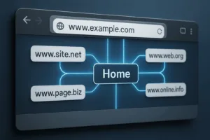 Fotorealistyczny pasek przeglądarki z różnymi końcówkami domen, które prowadzą do strony internetowej firmy.