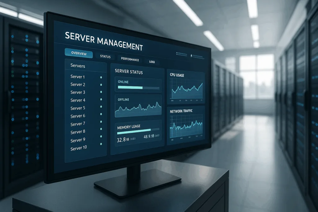 Server room with modern interface for server management and digital control.