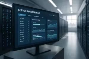 Sala de servidores com interface moderna para gestão de servidores e controlo digital.