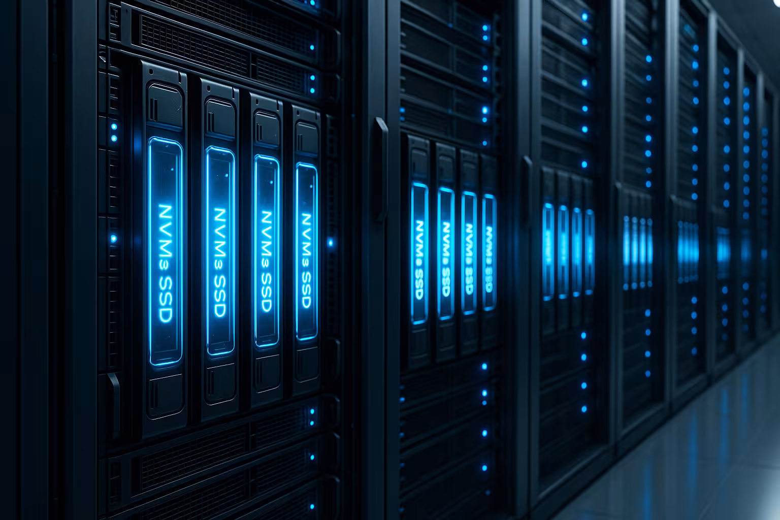 Servere moderne cu SSD-uri NVMe rapide într-un centru de date