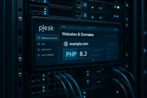Plesk-käyttöliittymällä ja PHP 8.2 -symbolilla varustettu palvelinrunko nykyaikaisessa datakeskusympäristössä.