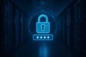 Erittäin turvallinen datakeskus, jossa on digitaalinen salasanasuojaus ja tietoverkkoturvallisuus.