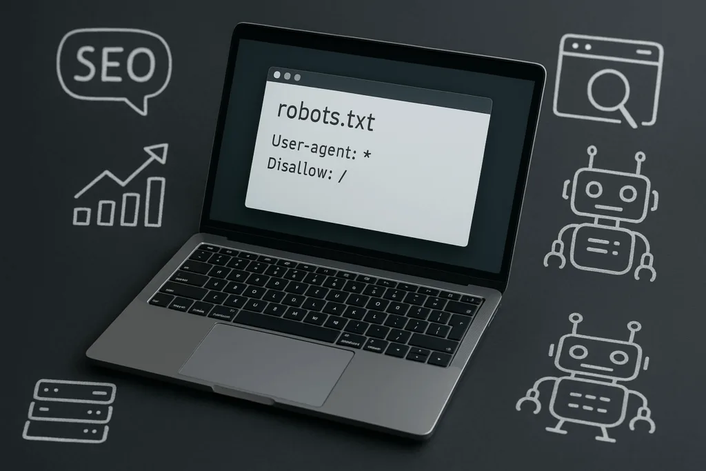 Laptop with robots.txt and SEO symbols, technical and modern