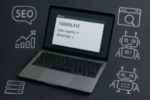 Laptop robots.txt és SEO szimbólumok, technikai és modern