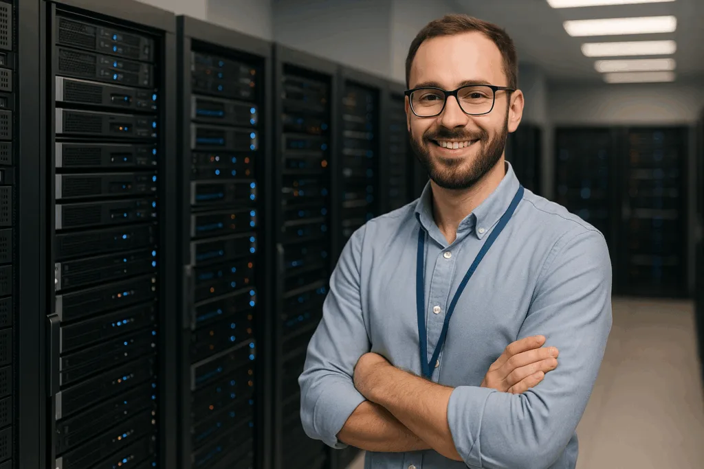 Photorealistic image: Server room, modern IT specialist standing relaxed between web servers - symbolic image for web hosting resellers.