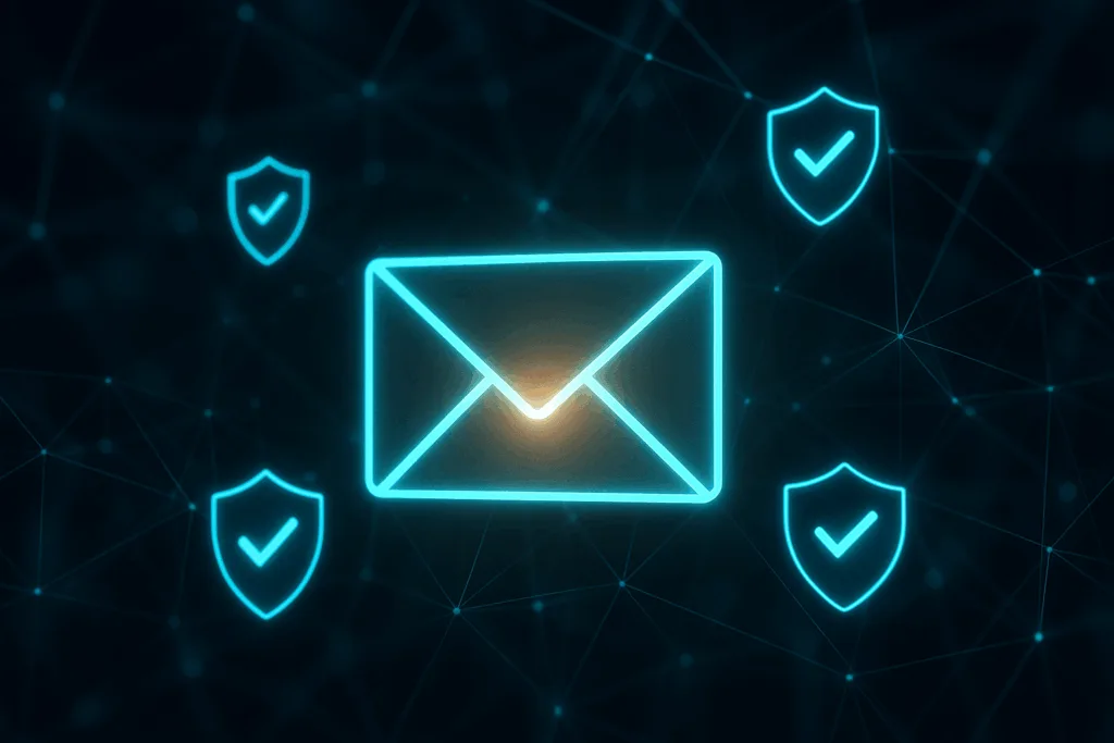 Photorealistic representation of an e-mail security concept with digital protection symbols.