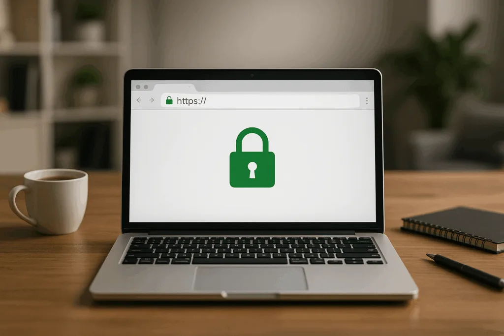 Laptop with browser shows activated SSL certificate on modern website