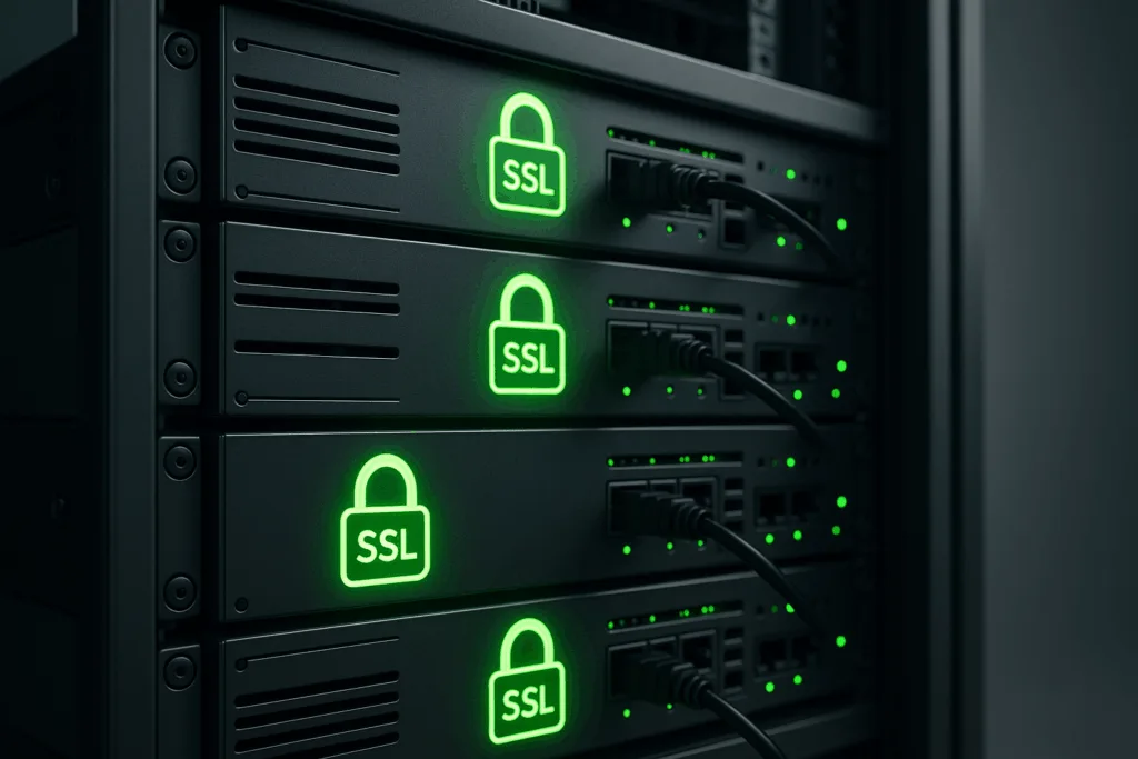Photorealistic representation of servers with SSL encryption symbols for hosting