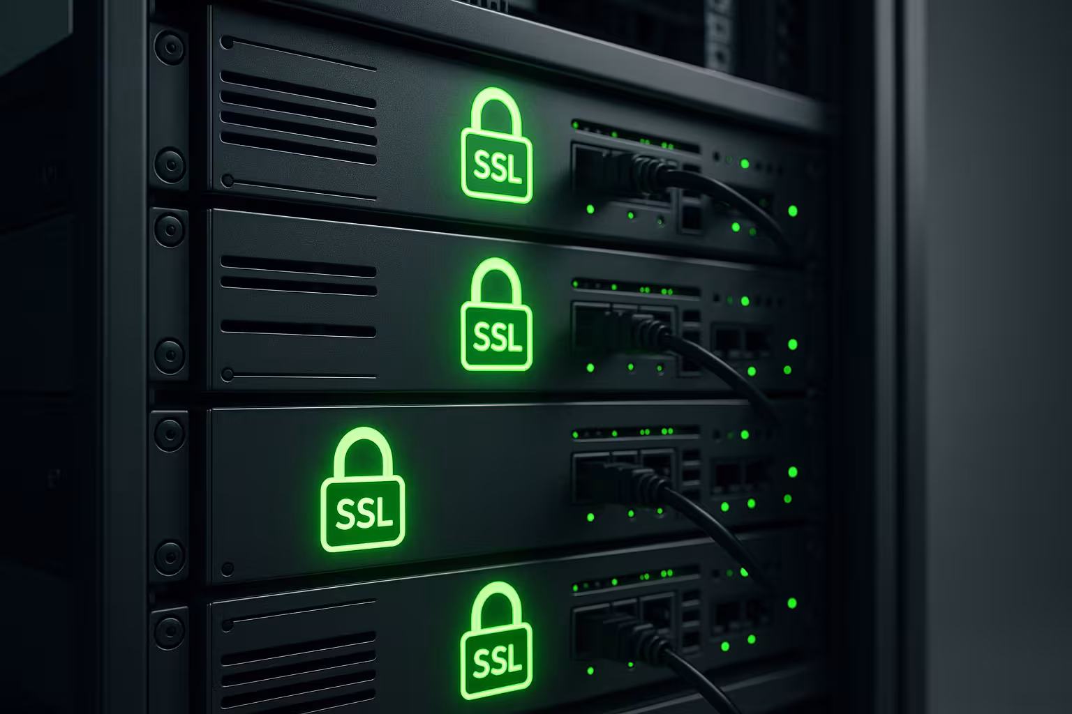 Representación fotorrealista de servidores con símbolos de cifrado SSL para alojamiento