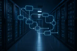 Centro dati con rack per server e flusso di dati DNS illustrativo