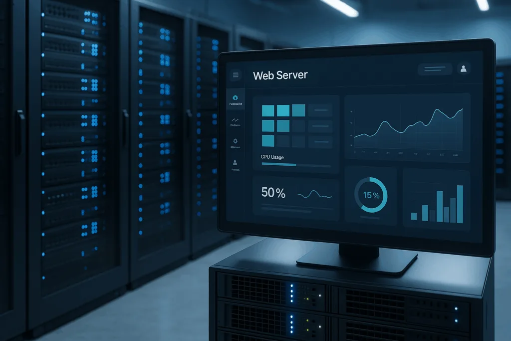 Server room with modern web hosting panels for reseller hosting