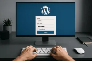Imagem fotorrealista: Teclado e computador com login do WordPress - proteção e segurança