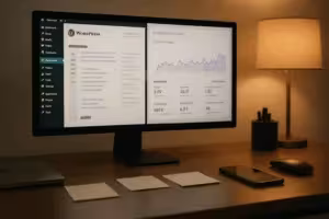 Scrivania con Google Search Console e dashboard di WordPress aperta in un ufficio moderno