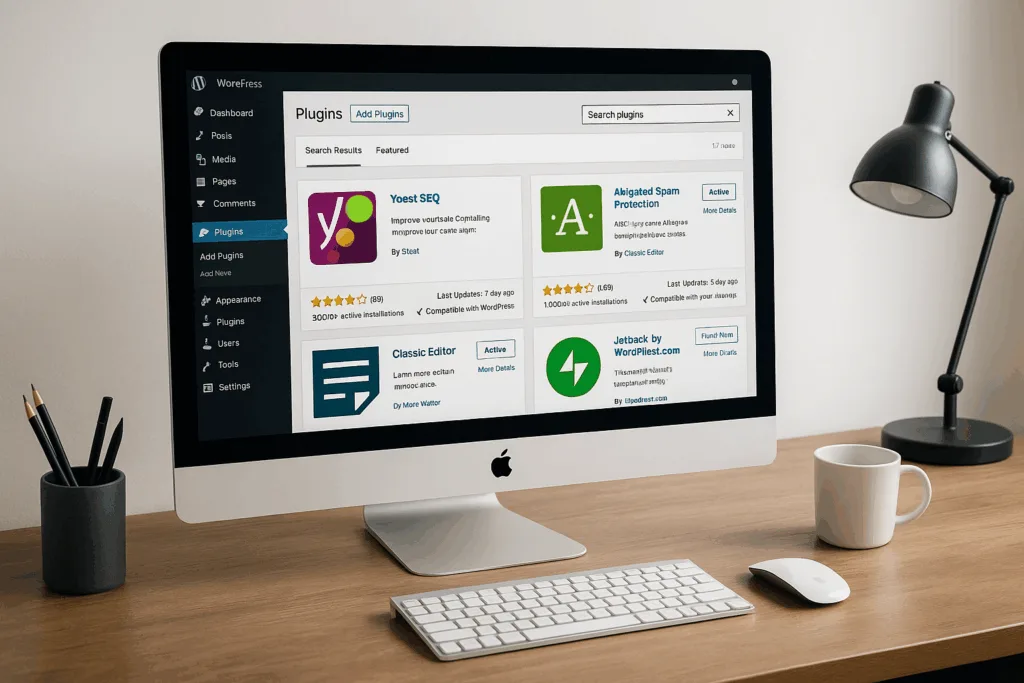 Modern desktop with WordPress search function and optimized plugins
