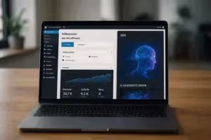 Futuristische laptop met WordPress en AI SEO-tools in gebruik, fotorealistisch.
