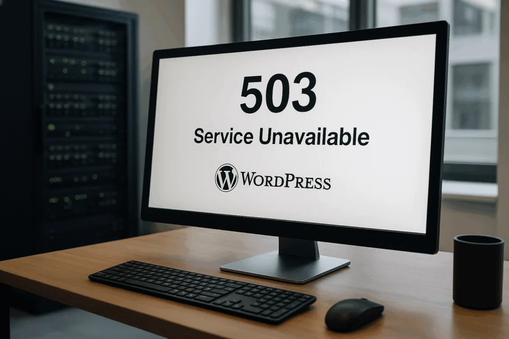 Monitor shows WordPress 503 error code and Service Unavailable.