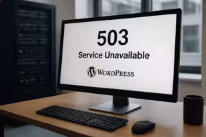 A monitor a WordPress 503-as hibakódját és a Service Unavailable (Nem elérhető) jelzést mutatja.