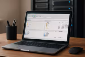 Photorealistischer Computer mit geöffnetem FTP-Client und Server im Hintergrund