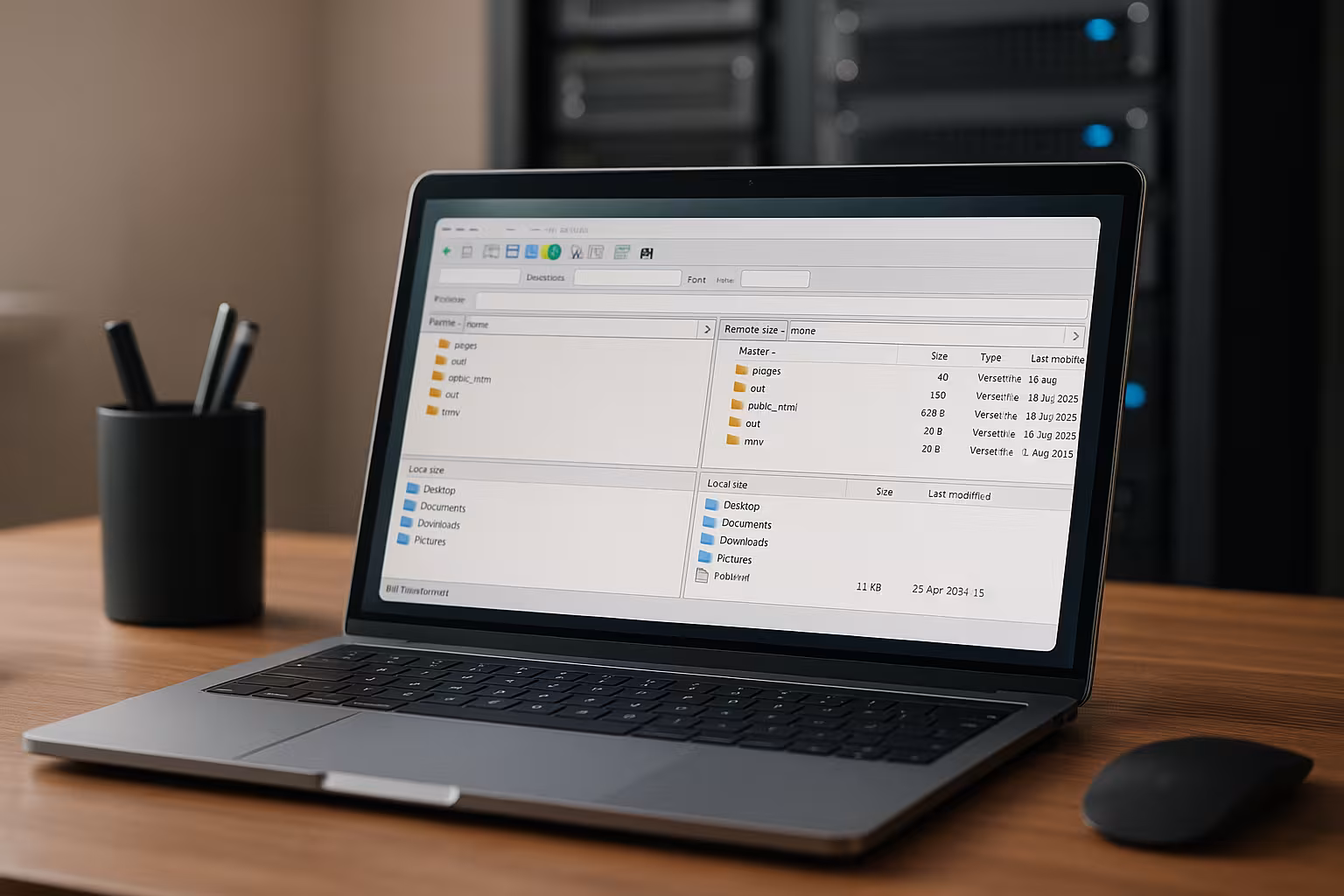 Fotorealistinen tietokone, jossa on avoin FTP-asiakasohjelma ja palvelin taustalla.