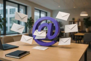 Escritório com ícone de e-mail abrangente, representação foto-realista