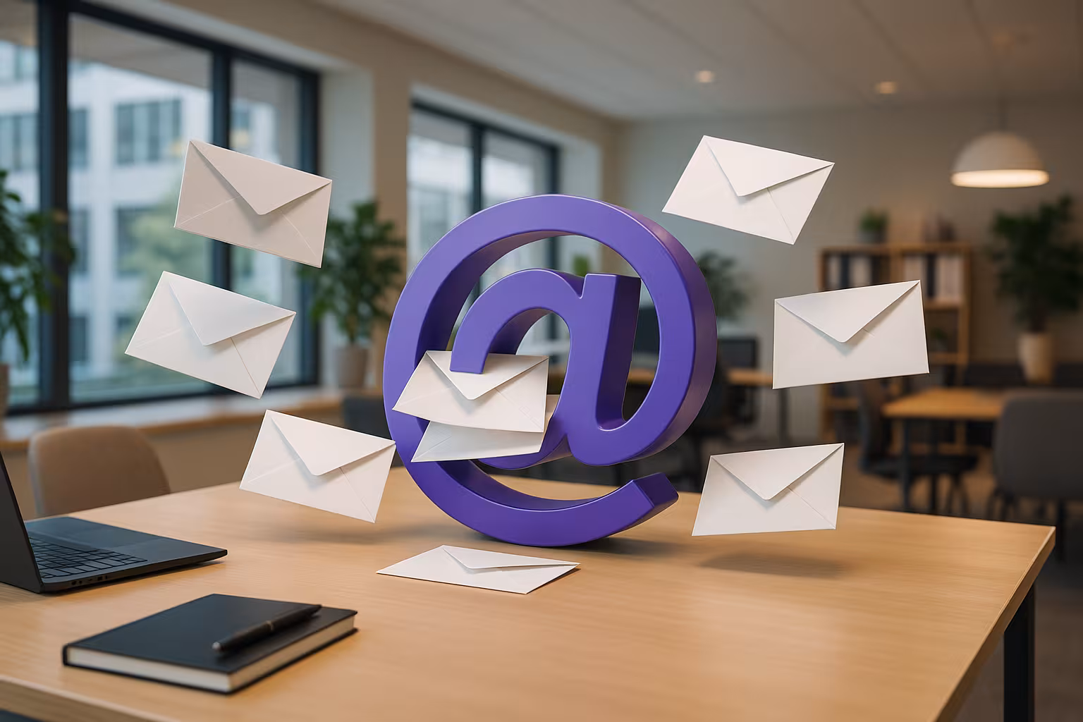 Birou cu pictograma e-mail catch-all, reprezentare foto-realistă