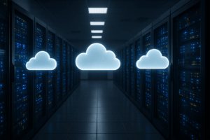 Infraestrutura moderna de servidores em nuvem com racks de servidores e nuvem digital