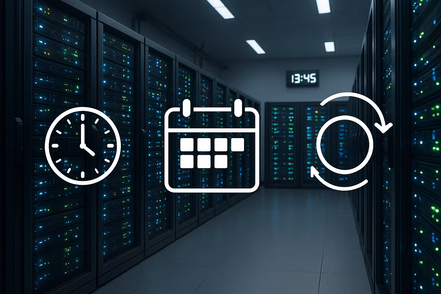 Sala server con display digitali e icone di programmazione per l'automazione dei cronjob