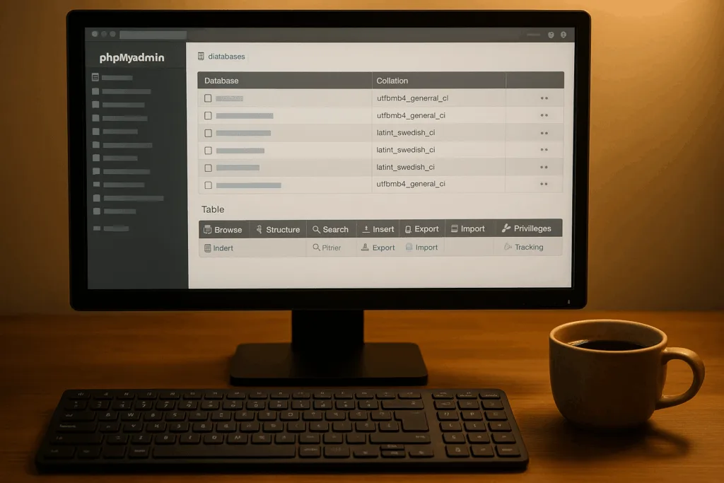 Computer with open phpMyAdmin and keyboard, modern workspace