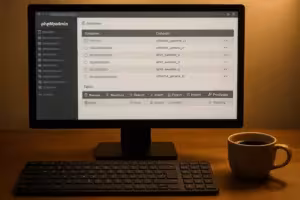 Komputer z otwartym phpMyAdmin i klawiaturą, nowoczesne miejsce pracy