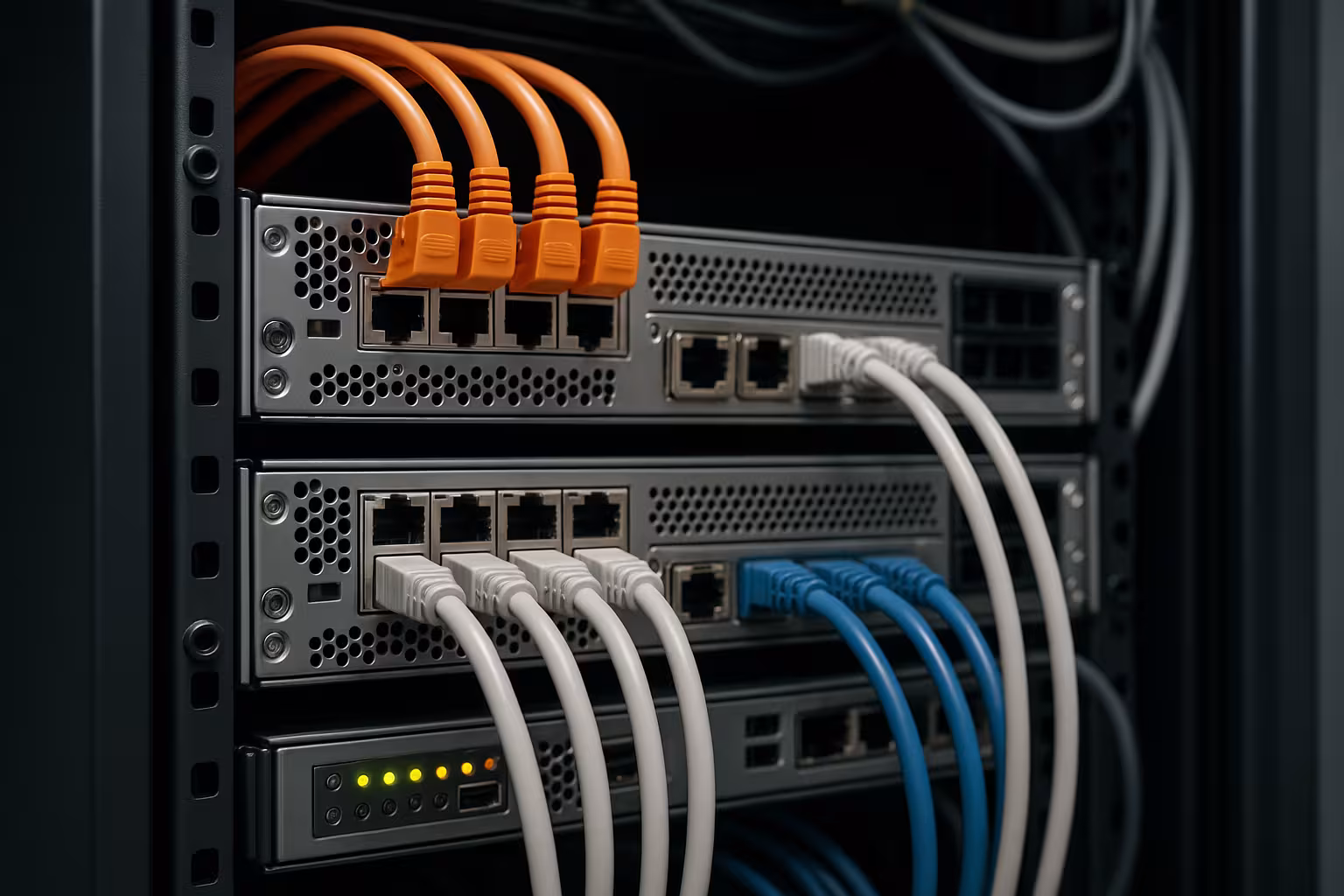 DNS-konfiguraatiota varten palvelinteline, jossa on verkkokaapeleita datakeskuksessa.