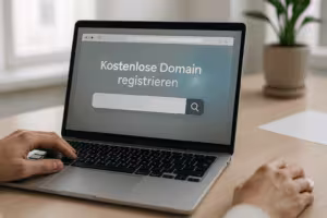 Laptop with open domain search bar and modern workstation, digital atmosphere