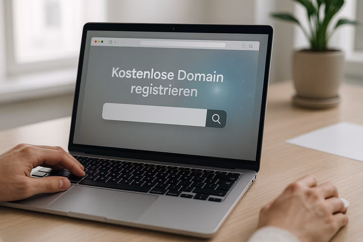 Kannettava tietokone, jossa on avoimen verkkotunnuksen hakupalkki ja moderni työasema, digitaalinen ilmapiiri