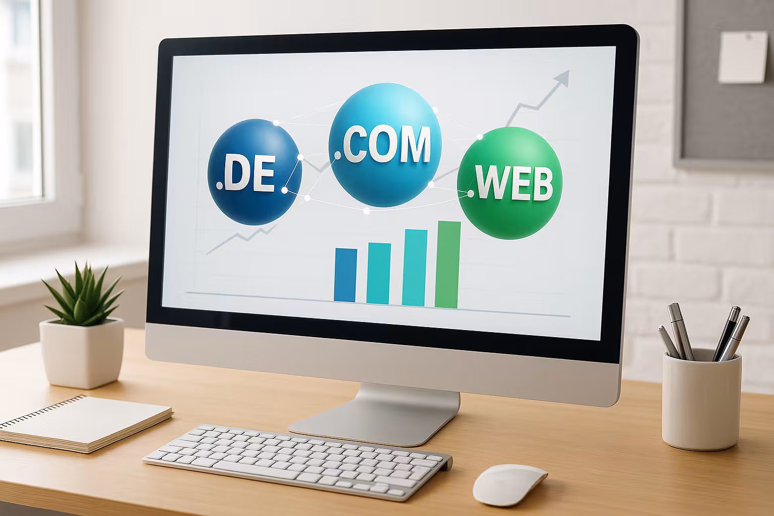Representação fotorrealista da comparação de preços de um domínio com um computador e um globo terrestre