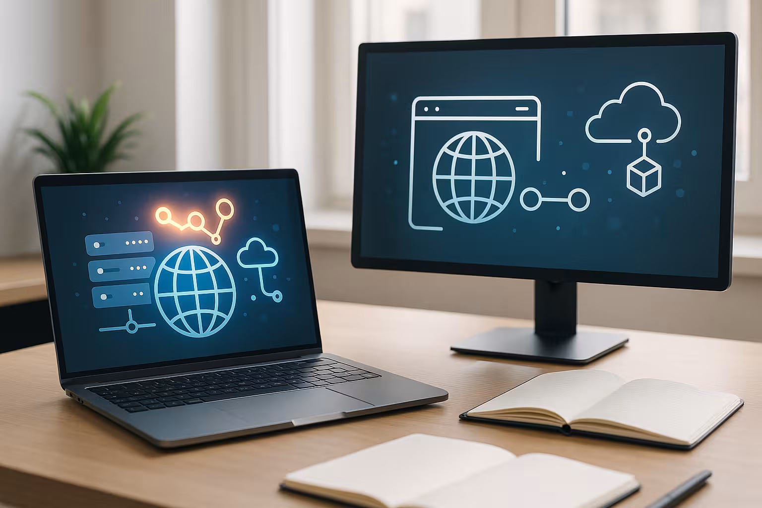 Representação fotorrealista de um local de trabalho moderno com computador, ícones para domínios e alojamento