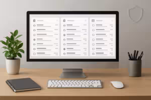 整理整頓された電子メールの受信箱、さまざまな別名アドレス、整頓されたデスク、プライバシーを守るシンボル。