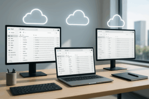 Moderna oficina con monitores e interfaz de alojamiento de correo electrónico 2025