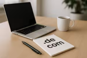 Fotórealisztikus íróasztal, laptop és papír, amelyen különböző domain végződések, például .de és .com láthatók, az olcsó domainek keresését szimbolizálva.