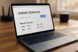 Vista moderna do portátil com domínios favoráveis do sítio Web e luz do dia