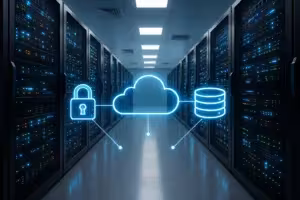 Nykyaikainen datakeskus, jossa on palvelintelineitä ja pilvi-infrastruktuuri.