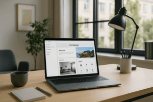 Website builder interface on a laptop in a modern office
