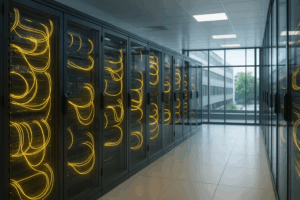 Vedere fotorealistă a unei camere de servere germane moderne pentru compararea găzduirii