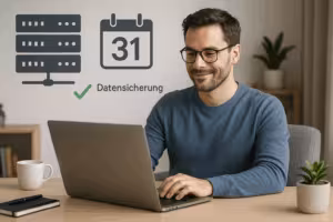 Operatorul site-ului verifică contractul de găzduire cu ajutorul laptopului și al pictogramelor serverului.