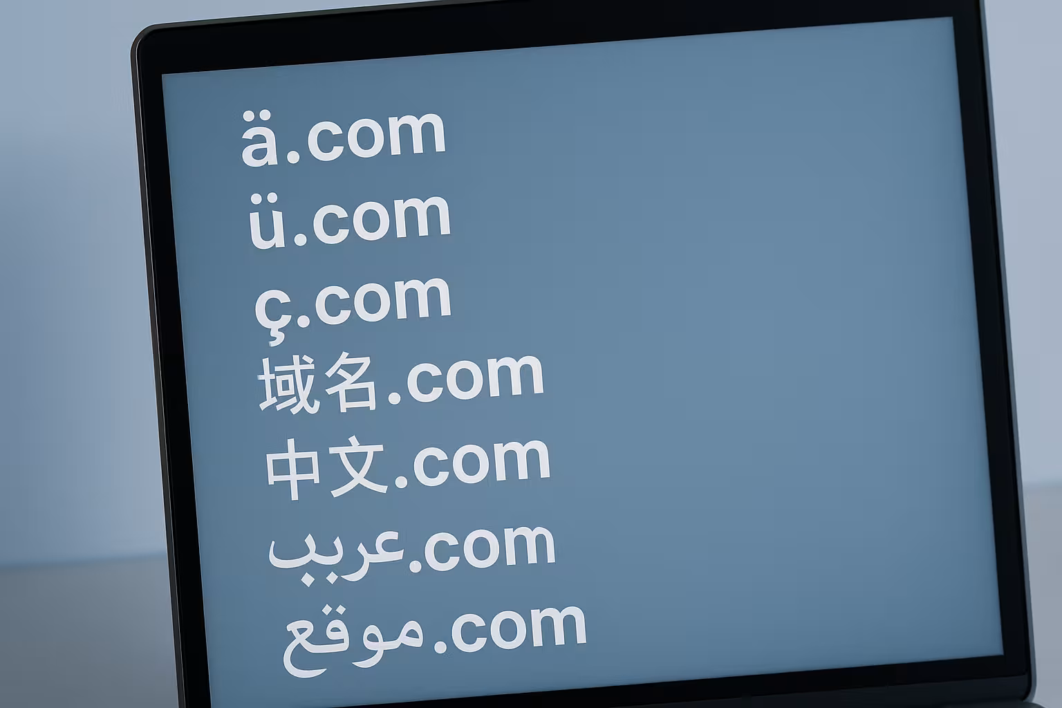 Fotorealistinen kuva IDN-verkkotunnuksista, joissa on erikoismerkkejä, esim. umlauteja ja kansainvälisiä merkkejä.